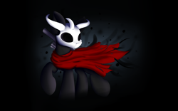Size: 2000x1250 | Tagged: safe, artist:lunar froxy, oc, oc only, species:pony, cape, clothing, crossover, empty eyes, expressionless face, hollow knight, looking back, male, particles, solo, tattered