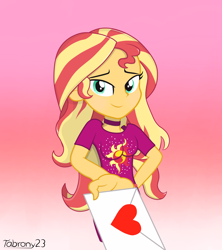 Size: 4000x4500 | Tagged: safe, artist:tabrony23, character:sunset shimmer, g4, my little pony: equestria girls, my little pony:equestria girls, spoiler:eqg series (season 2), female, gradient background, heart, holiday, looking at you, mail, offscreen character, pov, smiling, solo, valentine's day