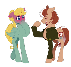 Size: 3478x3316 | Tagged: safe, artist:mylittlesheepy, oc, oc only, oc:roulette, oc:sunny hymn, species:earth pony, species:pegasus, species:pony, fallout equestria, blushing, clothing, covering mouth, cute, embarrassed, female, flexing, flirting, jacket, lesbian, mare, ponytail, showing off, simple background, sparkles, transparent background