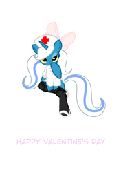 Size: 2039x2894 | Tagged: safe, artist:riofluttershy, oc, oc only, oc:fleurbelle, species:alicorn, species:pony, episode:hearts and hooves day, g4, my little pony: friendship is magic, adorasexy, alicorn oc, bedroom eyes, bow, clothing, cute, female, hair bow, holiday, long eyelashes, long hair, long mane, long tail, looking at you, mare, nurse, nurse outfit, pink bow, sexy, socks, stockings, suspenders, thigh highs, valentine's day, yellow eyes