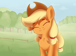 Size: 2330x1719 | Tagged: safe, artist:anti1mozg, character:applejack, species:earth pony, species:pony, chest fluff, clothing, cowboy hat, cute, eyes closed, female, fence, freckles, happy, hat, high res, jackabetes, mare, smiling, solo, standing, tree