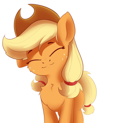 Size: 1572x1716 | Tagged: safe, alternate version, artist:anti1mozg, character:applejack, species:earth pony, species:pony, clothing, cowboy hat, cute, eyes closed, female, freckles, happy, hat, jackabetes, simple background, solo, standing, white background