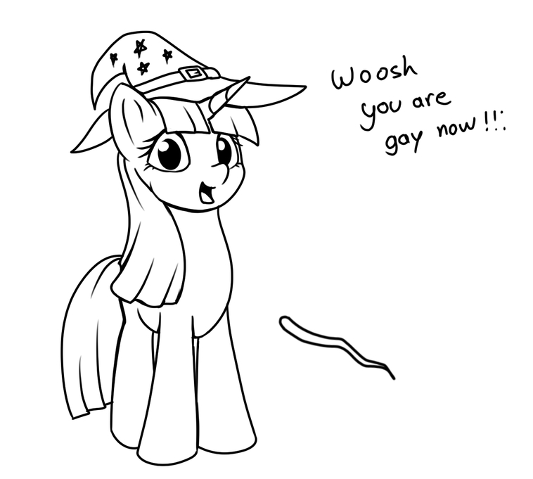 Size: 758x681 | Tagged: safe, artist:stratodraw, character:twilight sparkle, character:twilight sparkle (unicorn), species:pony, species:unicorn, animated, clothing, cute, dialogue, female, glowing horn, hat, lineart, magic, mare, meme, monochrome, open mouth, smiling, solo, telekinesis, twiabetes, wand, wizard hat