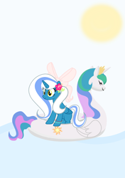 Size: 2039x2894 | Tagged: safe, artist:riofluttershy, character:princess celestia, oc, oc:fleurbelle, species:alicorn, species:pony, alicorn oc, bow, bracelet, female, floatie, floating, flower, hair bow, hawaii, hawaiian, hawaiian flower in hair, jewelry, long hair, long mane, long tail, mare, neon bracelet, ocean, pink bow, relaxed, relaxed face, relaxing, ribbon, smiling, sun, wave