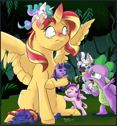 Size: 2228x2406 | Tagged: safe, artist:firimil, character:princess cadance, character:princess celestia, character:princess luna, character:spike, character:sunset shimmer, character:twilight sparkle, character:twilight sparkle (alicorn), character:zecora, species:alicorn, species:dragon, species:pony, age regression, alicornified, allergies, baby, baby pony, babylight sparkle, biting, cewestia, cute, cutedance, cutelestia, ear bite, female, filly, filly cadance, lunabetes, male, mare, oh crap, race swap, shimmercorn, swollen horn, twiabetes, winged spike, woona, younger