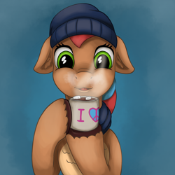 Size: 1000x1000 | Tagged: safe, artist:redquoz, oc, oc:allegra mazarine, species:pegasus, species:pony, chocolate, clothing, female, floppy ears, food, hot chocolate, knit hat, lesbian, mare, marshmallow, scarf, shipping, solo, steam