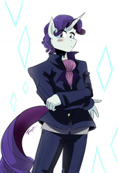 Size: 1154x1697 | Tagged: safe, artist:traupa, character:rarity, species:anthro, blushing, clothing, elusive, looking at you, male, pants, rule 63, simple background, suit, white background