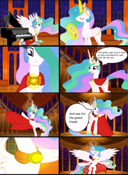 Size: 2864x3904 | Tagged: safe, artist:disneymarvel96, character:princess celestia, species:pony, ballroom, beauty and the beast, brooch, cape, clasp, clothing, comic, disney, flying, glow, piano, silly, silly pony, sparkly