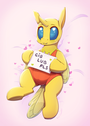 Size: 1600x2249 | Tagged: safe, artist:loneless-art, oc, oc:ren the changeling, species:changeling, species:reformed changeling, :3, changedling oc, changeling oc, cute, male, on back, sign, silly, silly changeling, yellow changeling