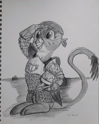Size: 2448x3060 | Tagged: safe, artist:rockhoppr3, character:gabby, armor, cute, female, gabbybetes, monochrome, solo, traditional art