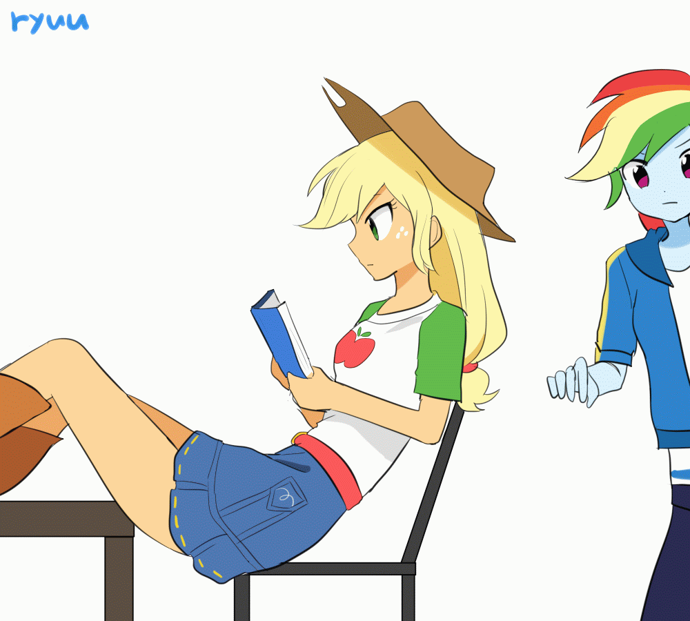 Size: 1000x900 | Tagged: safe, artist:ryuu, character:applejack, character:rainbow dash, g4, my little pony: equestria girls, my little pony:equestria girls, accessory theft, animated, applejack's hat, bad idea, belt, book, boots, chair, clothing, cowboy hat, denim skirt, female, frame by frame, freckles, hat, hatless, impending doom, jacket, legs, miniskirt, missing accessory, oh no she didn't, pants, pure unfiltered evil, reading, shirt, shoes, simple background, skirt, sneaky, stetson, tempting fate, thighs, this will end in death, this will end in pain, this will end in tears, this will not end well, white background, wristband, yoink