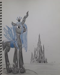 Size: 2448x3060 | Tagged: safe, artist:rockhoppr3, character:queen chrysalis, species:changeling, changeling hive, female, solo, traditional art