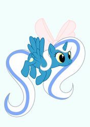 Size: 2894x4093 | Tagged: safe, artist:riofluttershy, oc, oc:fleurbelle, species:alicorn, species:pony, alicorn oc, bow, cute, flying, hair bow, happy, long hair, long mane, long tail, pink bow, ribbon, smiling, sweet, yellow eyes
