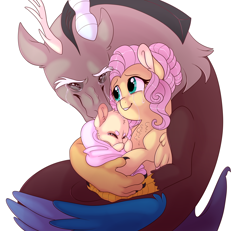 Size: 2700x2500 | Tagged: safe, artist:gigason, character:discord, character:fluttershy, oc, parent:discord, parent:fluttershy, parents:discoshy, species:draconequus, species:pegasus, species:pony, ship:discoshy, baby, crying, female, hybrid, interspecies offspring, male, mare, offspring, shipping, smiling, straight, tears of joy