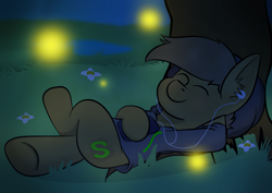 Size: 7015x4960 | Tagged: safe, artist:almond evergrow, oc, oc only, oc:almond evergrow, species:pony, absurd resolution, chill, earbuds, firefly, night, relaxed, solo, tree
