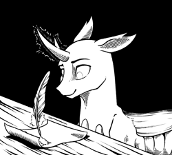 Size: 1336x1200 | Tagged: safe, artist:28gooddays, oc, oc:vertexthechangeling, species:changeling, species:reformed changeling, black and white, changedling oc, changeling oc, fanfic art, grayscale, monochrome, quadrupedal, quill, solo, writing, writing desk (furniture)