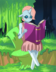 Size: 1488x1920 | Tagged: safe, artist:traupa, character:ocellus, species:anthro, species:changeling, species:reformed changeling, species:unguligrade anthro, season 8, book, chair, clothing, dress, female, hive, reading, sitting, smiling, solo