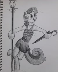 Size: 2448x3060 | Tagged: safe, artist:rockhoppr3, character:sweetie belle, chicago, clothing, female, lamppost, monochrome, semi-anthro, singing in the rain, solo, streetlight, traditional art, umbrella