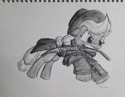 Size: 3132x2448 | Tagged: safe, artist:rockhoppr3, character:applejack, species:pony, bloodborne, crossover, female, monochrome, mouth hold, solo, sword, traditional art, weapon