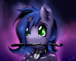 Size: 1335x1080 | Tagged: safe, artist:shamziwhite, oc, oc:kuro, species:anthro, species:bat pony, broken horn, bust, collar, female, horn, latex, latex suit, mouth hold, portrait, riding crop, smiling, solo