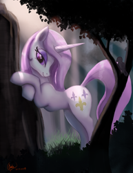 Size: 2550x3300 | Tagged: safe, artist:greenbrothersart, character:fleur-de-lis, species:bird, species:pony, species:unicorn, backbend, beautiful, bedroom eyes, female, forest, mare, profile, smiling, solo, tree
