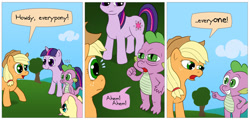 Size: 850x407 | Tagged: safe, artist:fadri, character:applejack, character:fluttershy, character:spike, character:twilight sparkle, species:dragon, species:earth pony, species:pegasus, species:pony, species:unicorn, comic:and that's how equestria was made, comic, coughing, female, happy, male, mare, narrowed eyes, political correctness, pronouns