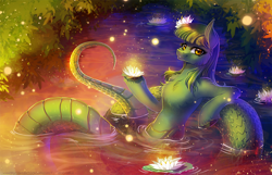 Size: 1000x643 | Tagged: safe, artist:limreiart, oc, oc only, species:lamia, species:pony, chest fluff, color porn, female, flower, looking at you, lotus (flower), mare, original species, smiling, water, water lily