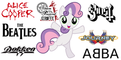 Size: 1456x727 | Tagged: safe, artist:thatguy1945, character:sweetie belle, species:pony, species:unicorn, episode:flight to the finish, g4, my little pony: friendship is magic, abba, alice cooper, arena rock, art rock, dokken, female, ghost (band), glam metal, heavy metal, journey (band), music, pop rock, rock, simple background, solo, steam powered giraffe, the beatles, vaudeville, vector, white background