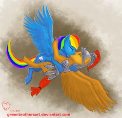 Size: 3412x3303 | Tagged: safe, artist:greenbrothersart, character:flash magnus, character:rainbow dash, species:pegasus, species:pony, ship:dashmagnus, armor, eyes closed, female, helmet, kissing, male, mare, shipping, stallion, straight, wings