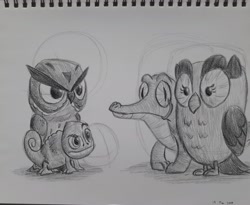 Size: 2990x2448 | Tagged: safe, artist:rockhoppr3, character:gummy, character:owlowiscious, species:owl, crossover, monochrome, pascal, tangled (disney), tangled: the series, traditional art