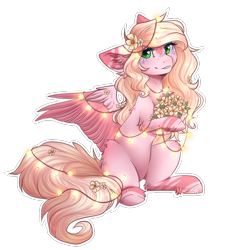 Size: 902x964 | Tagged: safe, artist:monogy, oc, oc only, oc:hanalea, species:pegasus, species:pony, female, flower, flower in hair, looking at you, mare, simple background, sitting, solo, transparent background, two toned wings