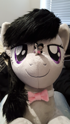 Size: 1836x3264 | Tagged: safe, artist:qtpony, artist:tinyequine, character:octavia melody, species:pony, bow tie, cute, irl, looking at you, macro, micro, photo, plushie, ponidox, self ponidox, size difference, tavibetes, tongue out