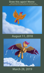 Size: 603x1000 | Tagged: safe, artist:redquoz, character:scootaloo, species:pegasus, species:pony, bird pone, bird tail, cloud, comparison, draw this again, eyes closed, female, mare, redraw, scootaloo can fly, smiling, solo, two toned wings, unshorn fetlocks