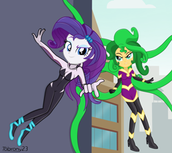 Size: 4500x4000 | Tagged: safe, artist:tabrony23, character:mane-iac, character:rarity, character:sunset shimmer, my little pony:equestria girls, absurd resolution, crossover, devil horns, duo, gwen stacy, marvel, spider-gwen, superhero