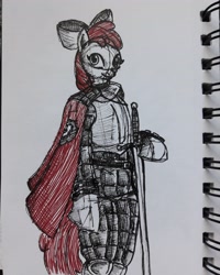 Size: 2448x3060 | Tagged: safe, artist:rockhoppr3, character:apple bloom, armor, cape, clothing, cmc cape, female, older, semi-anthro, solo, sword, traditional art, weapon