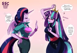 Size: 2173x1512 | Tagged: safe, artist:traupa, character:starlight glimmer, character:twilight sparkle, character:twilight sparkle (alicorn), species:alicorn, species:anthro, species:pony, alternate hairstyle, breasts, busty starlight glimmer, busty twilight sparkle, clothing, cross-popping veins, crown, eyes closed, female, imitation, jewelry, mane swap, mare, regalia, smiling, sudden style change