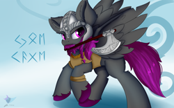 Size: 2000x1250 | Tagged: safe, artist:lunar froxy, oc, oc only, oc:jokage, species:pegasus, species:pony, abstract background, armor, axe, looking at you, male, rune text, solo, stallion, weapon