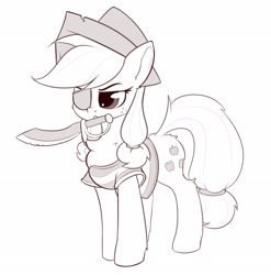 Size: 2634x2664 | Tagged: source needed, safe, artist:anti1mozg, character:applejack, species:earth pony, species:pony, clothing, eyepatch, female, hat, mare, monochrome, mouth hold, pirate, pirate hat, simple background, sketch, solo, sword, weapon, white background