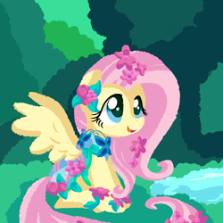 Size: 1772x1772 | Tagged: safe, artist:andromedasparkz, character:fluttershy, species:pegasus, species:pony, bush, clothing, cute, female, flower, flower in hair, happy, lake, leaves, looking up, mare, outdoors, saddle, shyabetes, sitting, solo, spread wings, tack, wings