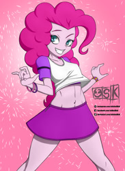 Size: 1152x1575 | Tagged: safe, artist:oldskullkid, character:pinkie pie, my little pony:equestria girls, beautiful, belly button, bracelet, clothing, colored pupils, cute, devil horn (gesture), devil horns, diapinkes, female, jewelry, midriff, miniskirt, pink background, simple background, skirt, smiling, solo