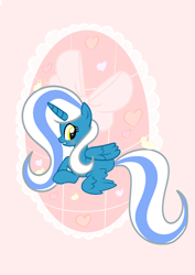 Size: 2894x4093 | Tagged: safe, artist:riofluttershy, oc, oc:fleurbelle, species:alicorn, species:bird, species:chicken, species:pony, abstract background, alicorn oc, blushing, bow, cute, easter, female, frilly, hair bow, heart, holiday, long mane, long tail, looking back, lying down, mare, on side, pink background, pink ribbon, ribbon, simple background, sweet, yellow eyes