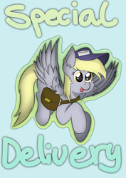 Size: 4960x7015 | Tagged: safe, artist:almond evergrow, character:derpy hooves, species:pegasus, species:pony, female, mailbag, mailmare, smiling, solo, tongue out