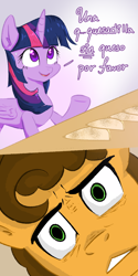 Size: 1000x2000 | Tagged: safe, artist:yinglongfujun, character:cheese sandwich, character:tom, character:twilight sparkle, character:twilight sparkle (alicorn), species:alicorn, species:pony, comic, female, mare, meme, spanish, tom and jerry, unsettled tom