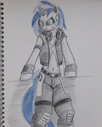 Size: 2448x3060 | Tagged: safe, artist:rockhoppr3, character:dj pon-3, character:vinyl scratch, clothing, crossover, cyberpunk 2077, deus ex, female, semi-anthro, solo, traditional art
