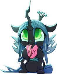 Size: 550x704 | Tagged: safe, artist:loneless-art, character:queen chrysalis, species:changeling, changeling queen, chibi, cute, cutealis, female, heart, long tongue, sitting, smiling, solo, tongue out