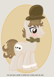 Size: 2894x4093 | Tagged: safe, artist:riofluttershy, species:earth pony, species:pony, bow tie, bowler hat, clothing, cufflinks, cuffs (clothes), hat, laurel and hardy, male, ponified, quote, stallion