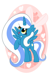 Size: 2894x4093 | Tagged: safe, artist:riofluttershy, oc, oc:fleurbelle, species:alicorn, species:pony, adorabelle, adorable face, alicorn oc, bow, cute, female, flower, hair bow, happy, heart, long hair, long mane, long tail, looking up, mare, pink background, ribbon, simple background, yellow eyes