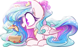 Size: 836x500 | Tagged: safe, artist:loneless-art, character:princess celestia, species:alicorn, species:pony, blueberry, blushing, chest fluff, chibi, colored pupils, cute, cutelestia, ear fluff, ethereal mane, eyes on the prize, female, food, fork, galaxy mane, glowing horn, happy, levitation, long mane, magic, mare, missing accessory, open mouth, pancakes, prone, shiny, shoulder fluff, simple background, smiling, solo, sparkles, strawberry, telekinesis, transparent background, whipped cream