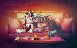 Size: 1200x755 | Tagged: safe, artist:limreiart, oc, oc only, oc:zerus, species:bat pony, species:zebra, bat pony oc, beverage, cake, couch, cup, food, looking at each other, open mouth, pillow, plate, slice of cake, zebra oc