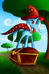 Size: 800x1200 | Tagged: safe, artist:asimos, character:trixie, species:pony, species:unicorn, chest, crossover, discworld, don't trust wheels, female, rincewind, solo, the luggage, treasure chest, wizzard